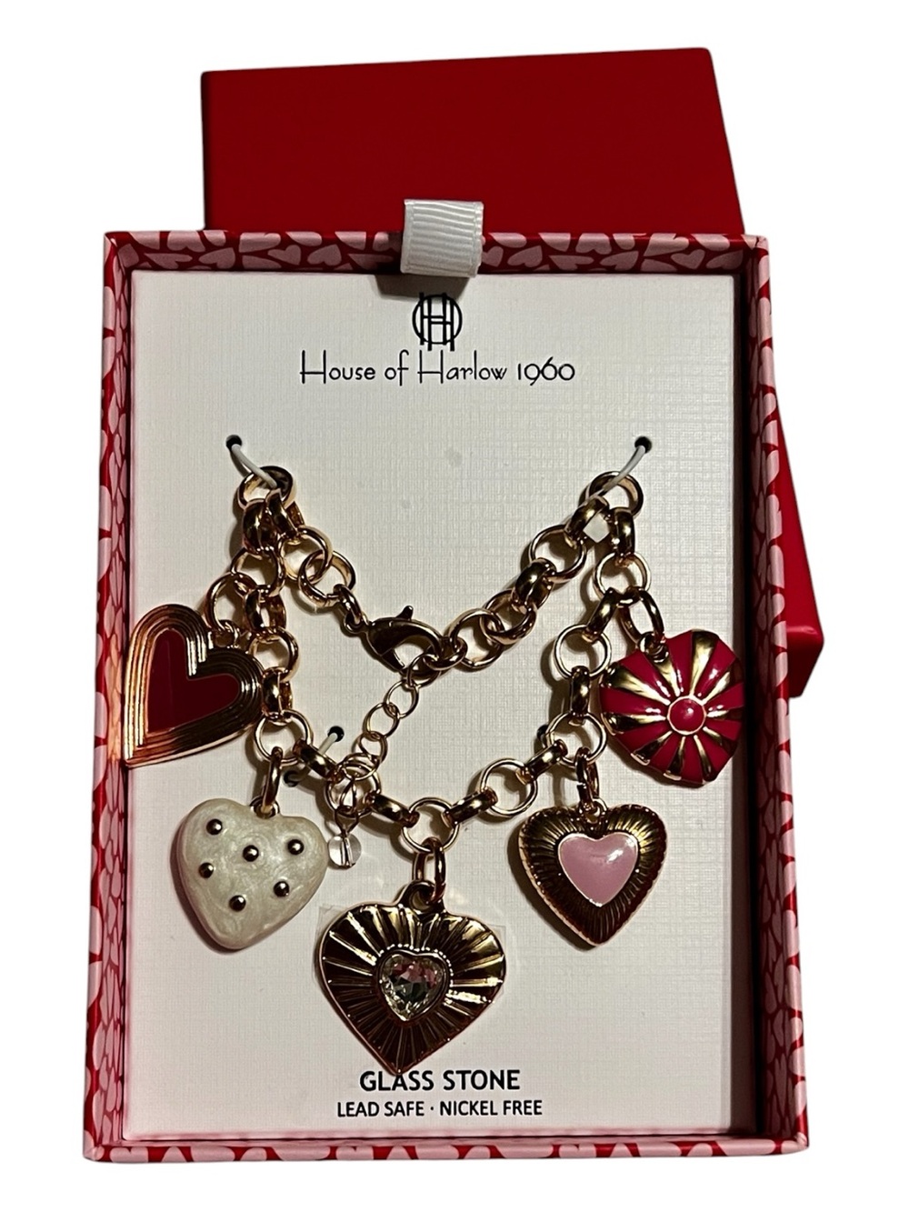 House of Harlow 1960 Gold-Tone Charm Bracelet with Red and Pink Hearts